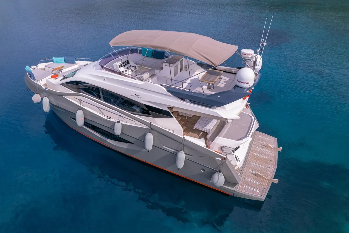 Exterior view of Journey, a Numarine 62 Flybridge motor yacht at Fethiye, Turkey
