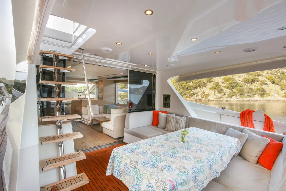 Deck of Journey, a Numarine 62 Flybridge motor yacht at Fethiye, Turkey