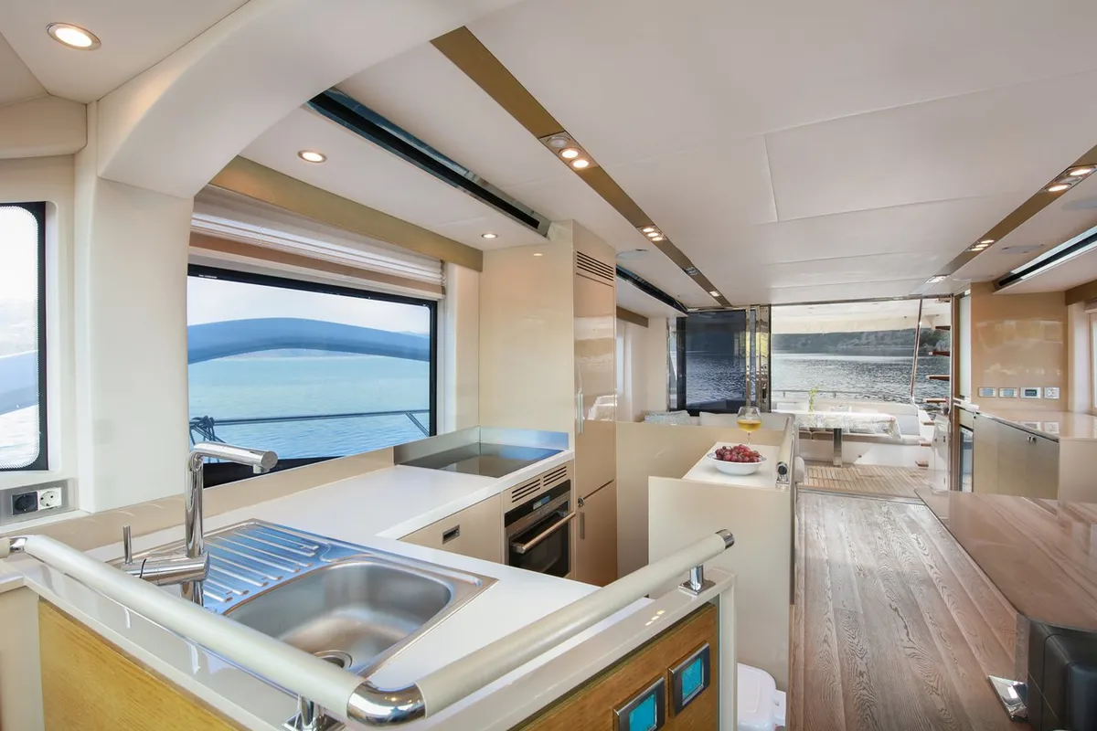 Galley of Journey, a Numarine 62 Flybridge motor yacht at Fethiye, Turkey