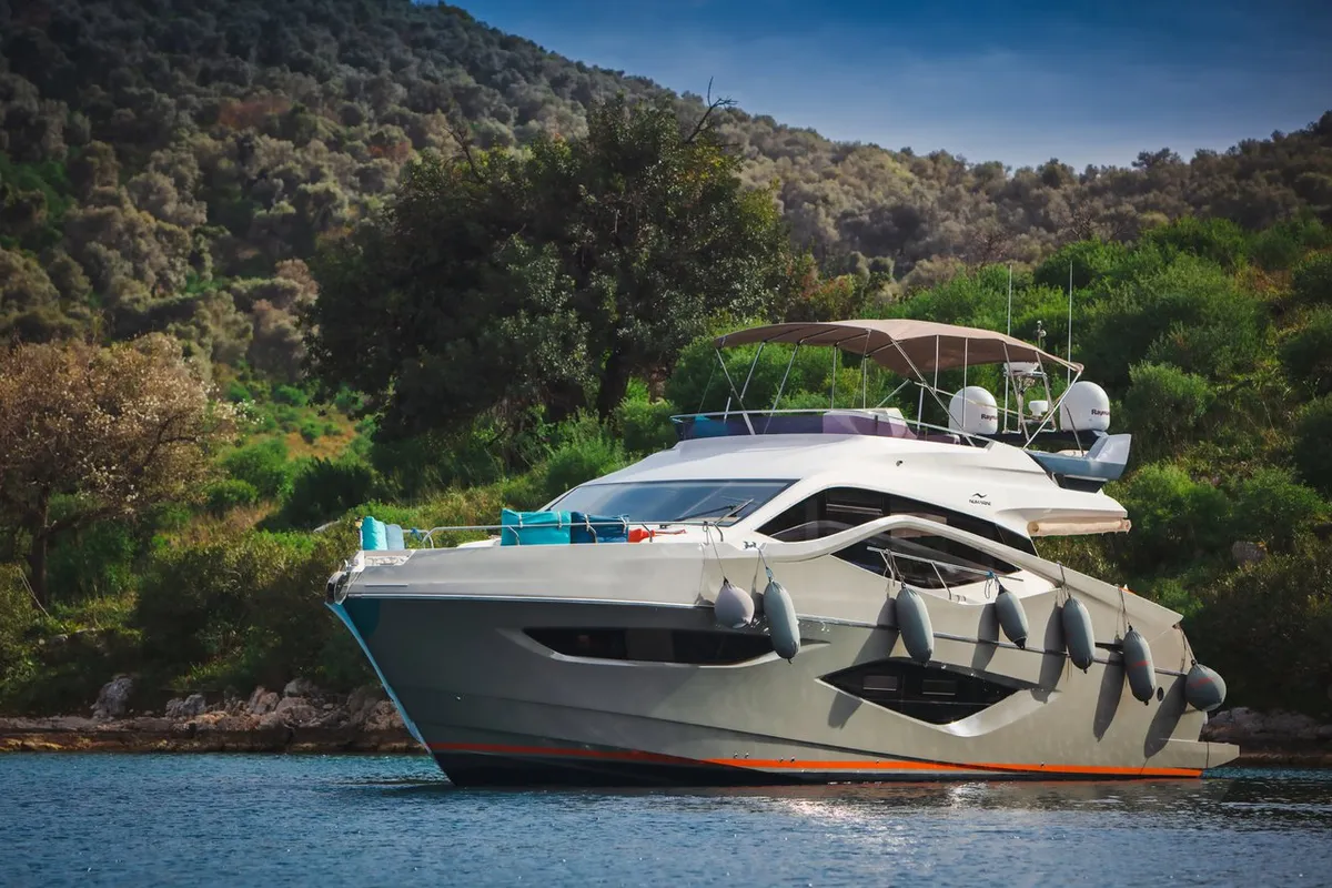 Exterior view of Journey, a Numarine 62 Flybridge motor yacht at Fethiye, Turkey