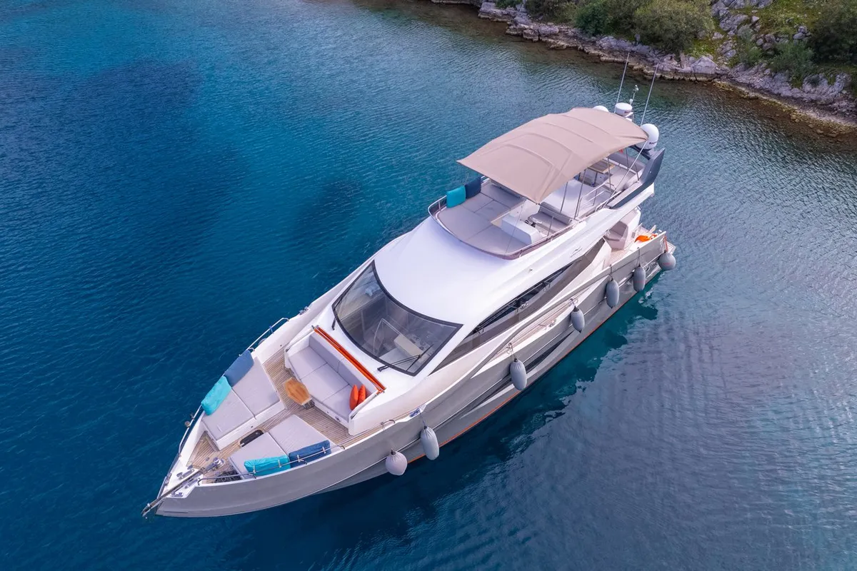 Exterior view of Journey, a Numarine 62 Flybridge motor yacht at Fethiye, Turkey