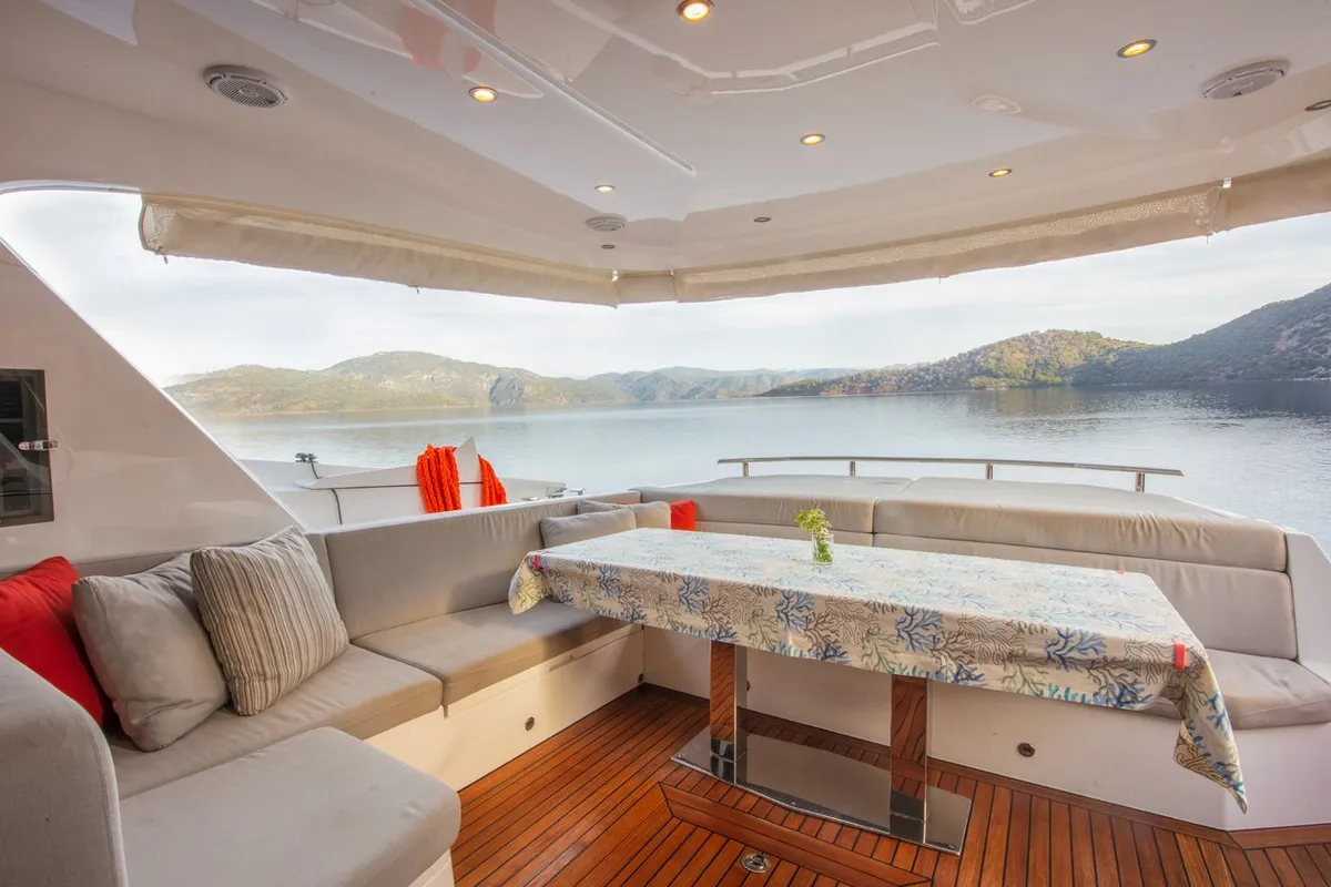 Deck of Journey, a Numarine 62 Flybridge motor yacht at Fethiye, Turkey