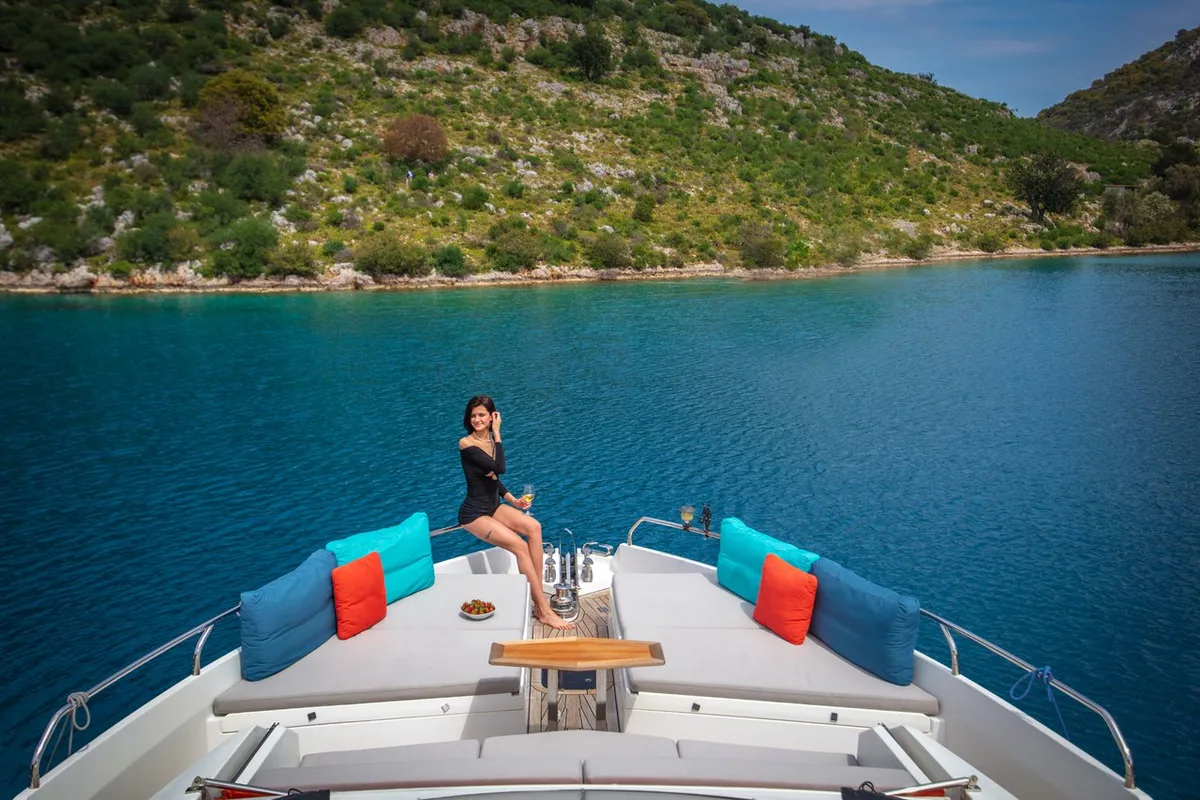 Deck of Journey, a Numarine 62 Flybridge motor yacht at Fethiye, Turkey