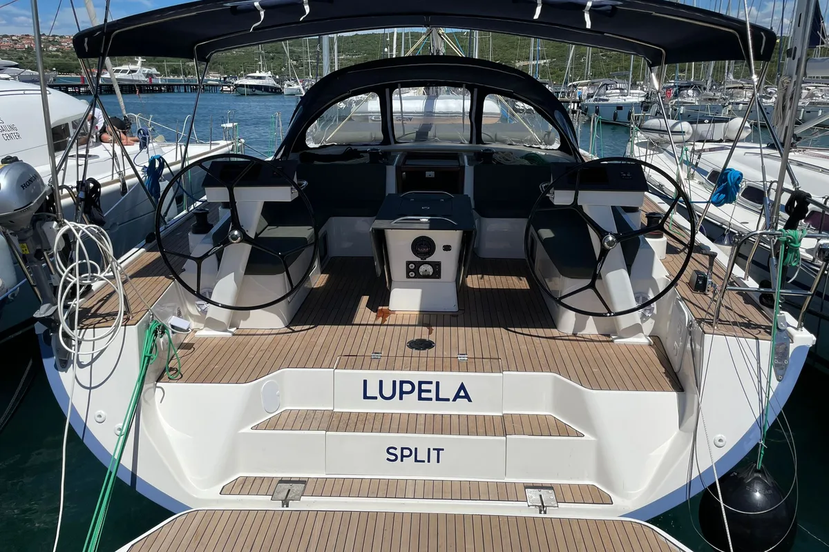 Cockpit of Lupela, a D&D Kufner 54 sailboat at Trogir, Croatia