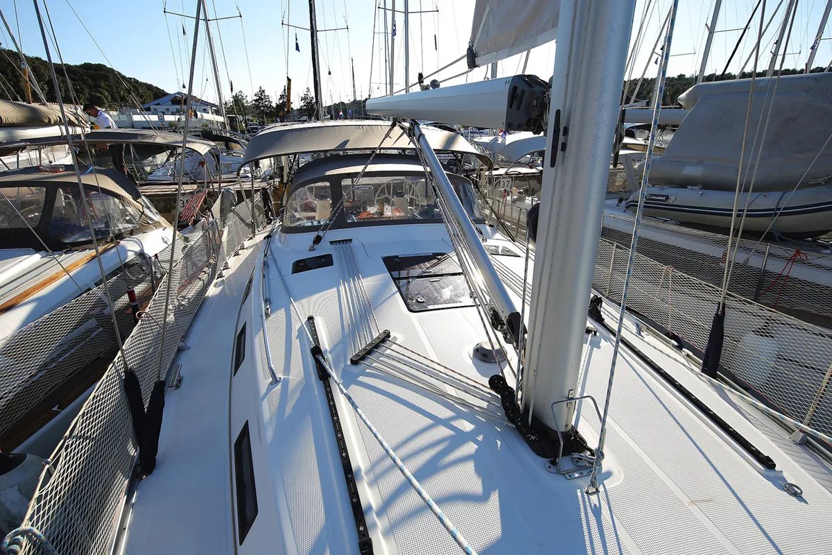 Deck of Ornela, a Bavaria Cruiser 40 Avantgarde sailboat at Grad Pula, Croatia