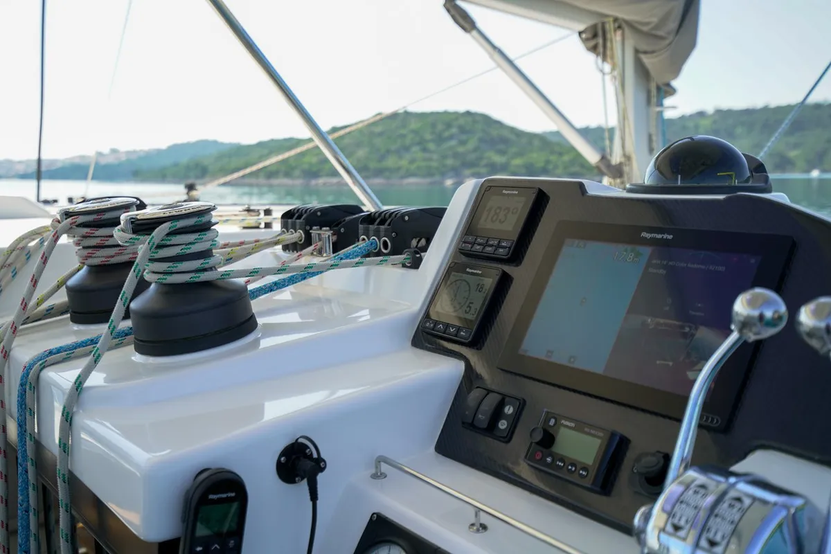 Cockpit of Manaphy, a Leopard 45 catamaran at Seget Donji, Croatia
