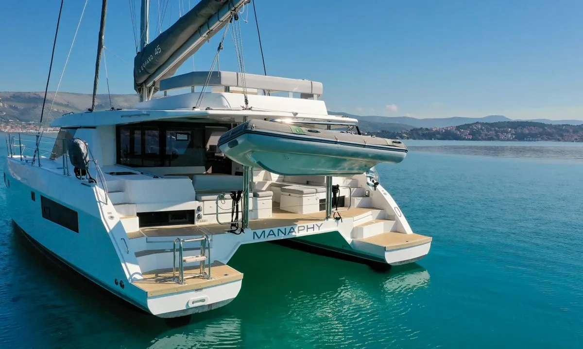 Exterior view of Manaphy, a Leopard 45 catamaran at Seget Donji, Croatia
