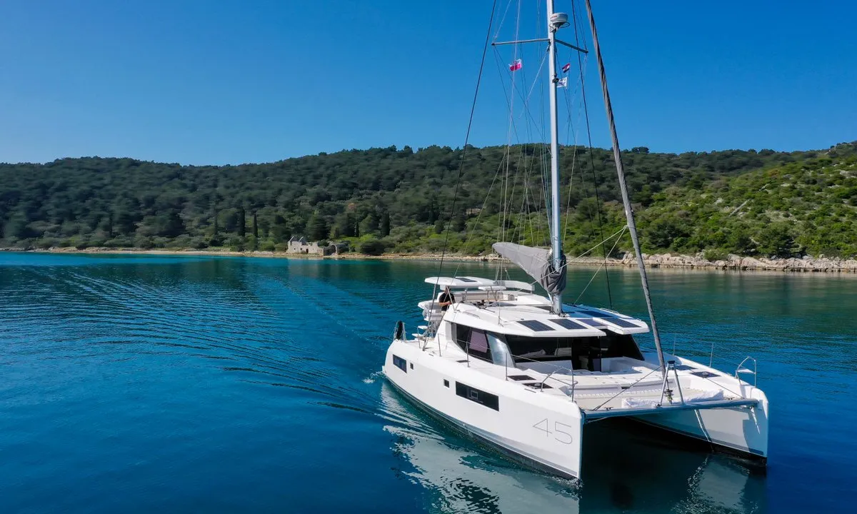 Exterior view of Manaphy, a Leopard 45 catamaran at Seget Donji, Croatia