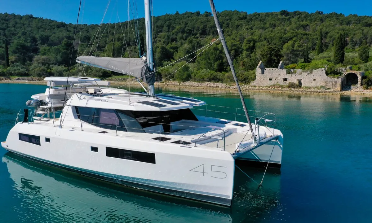 Exterior view of Manaphy, a Leopard 45 catamaran at Seget Donji, Croatia
