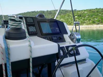 Cockpit of Manaphy, a Leopard 45 catamaran at Seget Donji, Croatia
