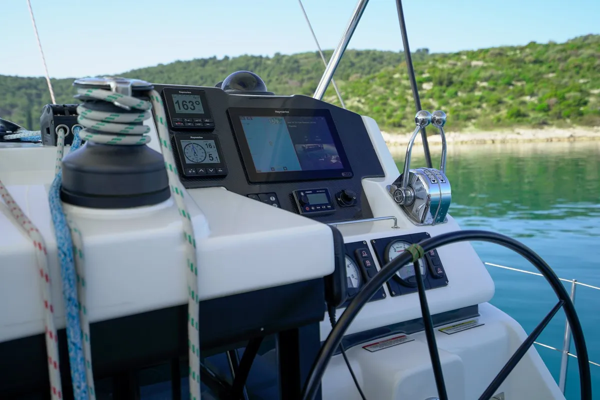 Cockpit of Manaphy, a Leopard 45 catamaran at Seget Donji, Croatia