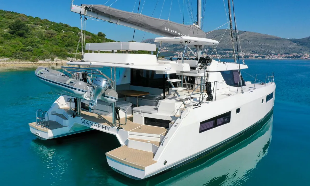 Exterior view of Manaphy, a Leopard 45 catamaran at Seget Donji, Croatia