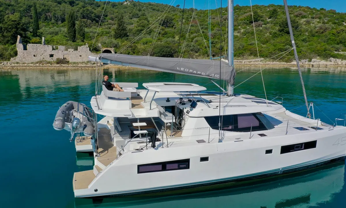 Exterior view of Manaphy, a Leopard 45 catamaran at Seget Donji, Croatia