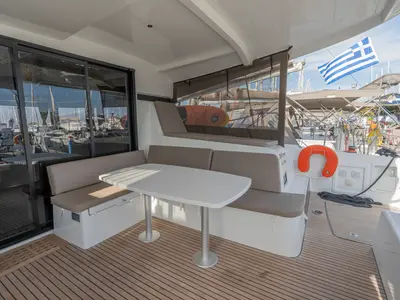 Cockpit of Day One, a Lagoon 42 catamaran at Marpissa, Greece
