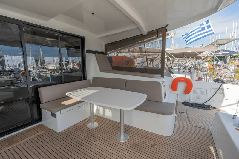 Cockpit of Day One, a Lagoon 42 catamaran at Marpissa, Greece