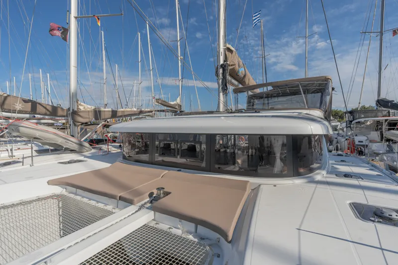 Deck of Day One, a Lagoon 42 catamaran at Marpissa, Greece