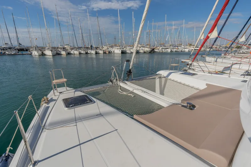 Deck of Day One, a Lagoon 42 catamaran at Marpissa, Greece