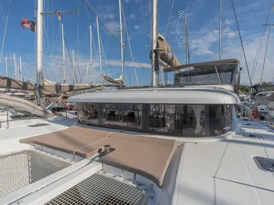 Deck of Day One, a Lagoon 42 catamaran at Marpissa, Greece