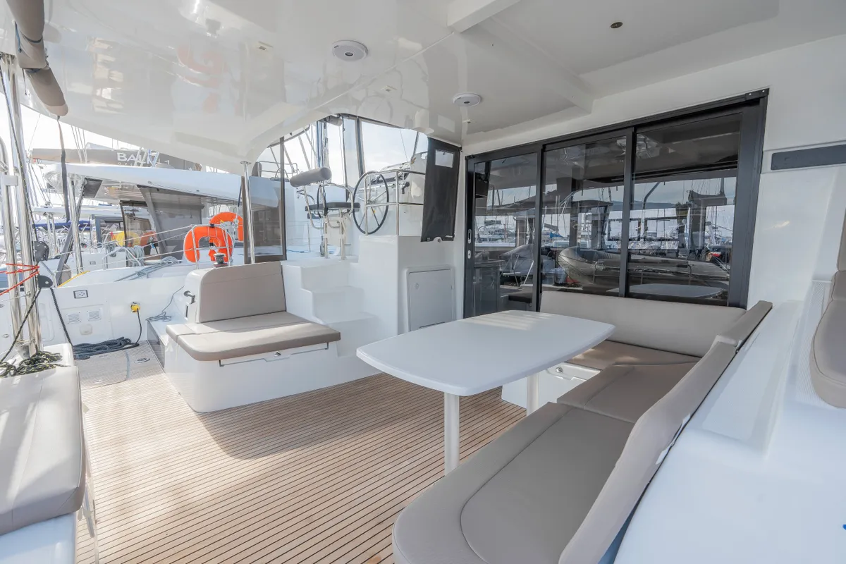 Deck of Day One, a Lagoon 42 catamaran at Marpissa, Greece