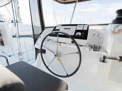 Cockpit of Day One, a Lagoon 42 catamaran at Marpissa, Greece