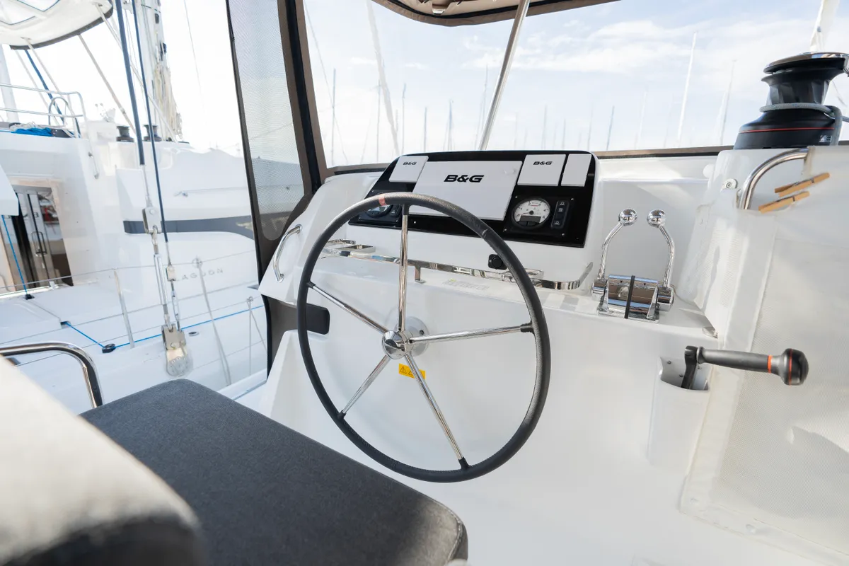 Cockpit of Day One, a Lagoon 42 catamaran at Marpissa, Greece