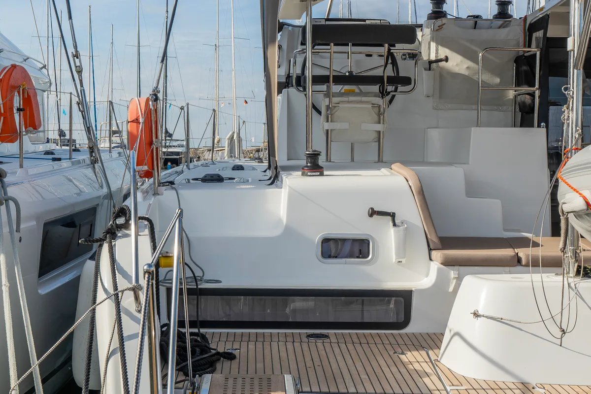 Deck of Day One, a Lagoon 42 catamaran at Marpissa, Greece