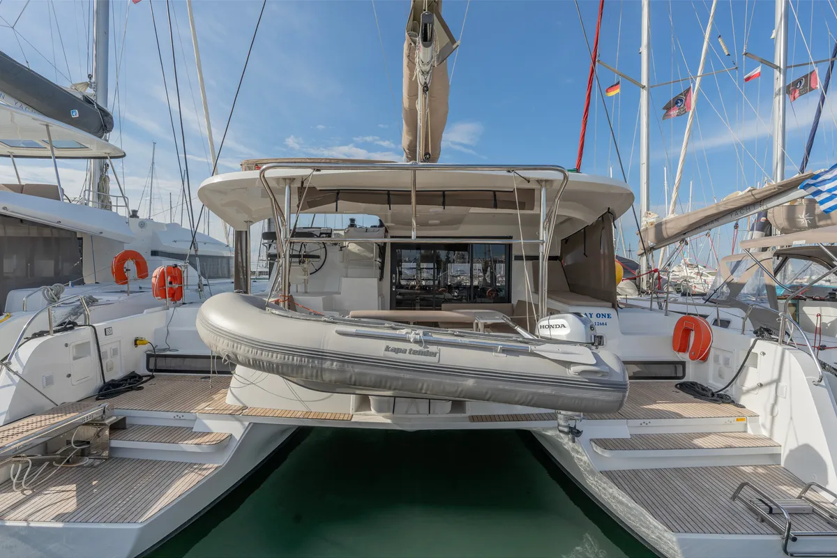 Exterior view of Day One, a Lagoon 42 catamaran at Marpissa, Greece
