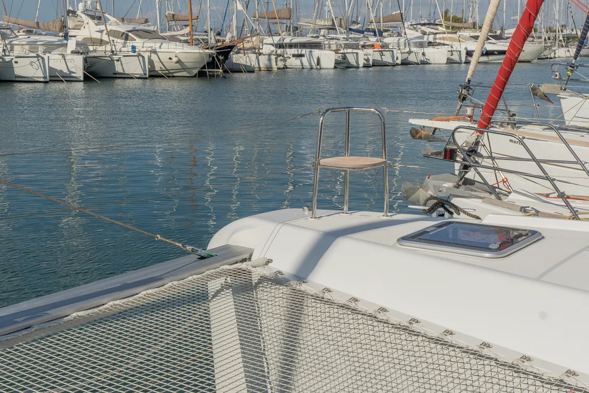 Deck of Day One, a Lagoon 42 catamaran at Marpissa, Greece