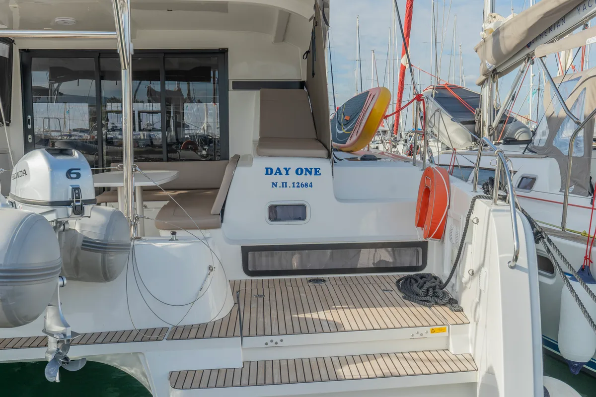 Deck of Day One, a Lagoon 42 catamaran at Marpissa, Greece