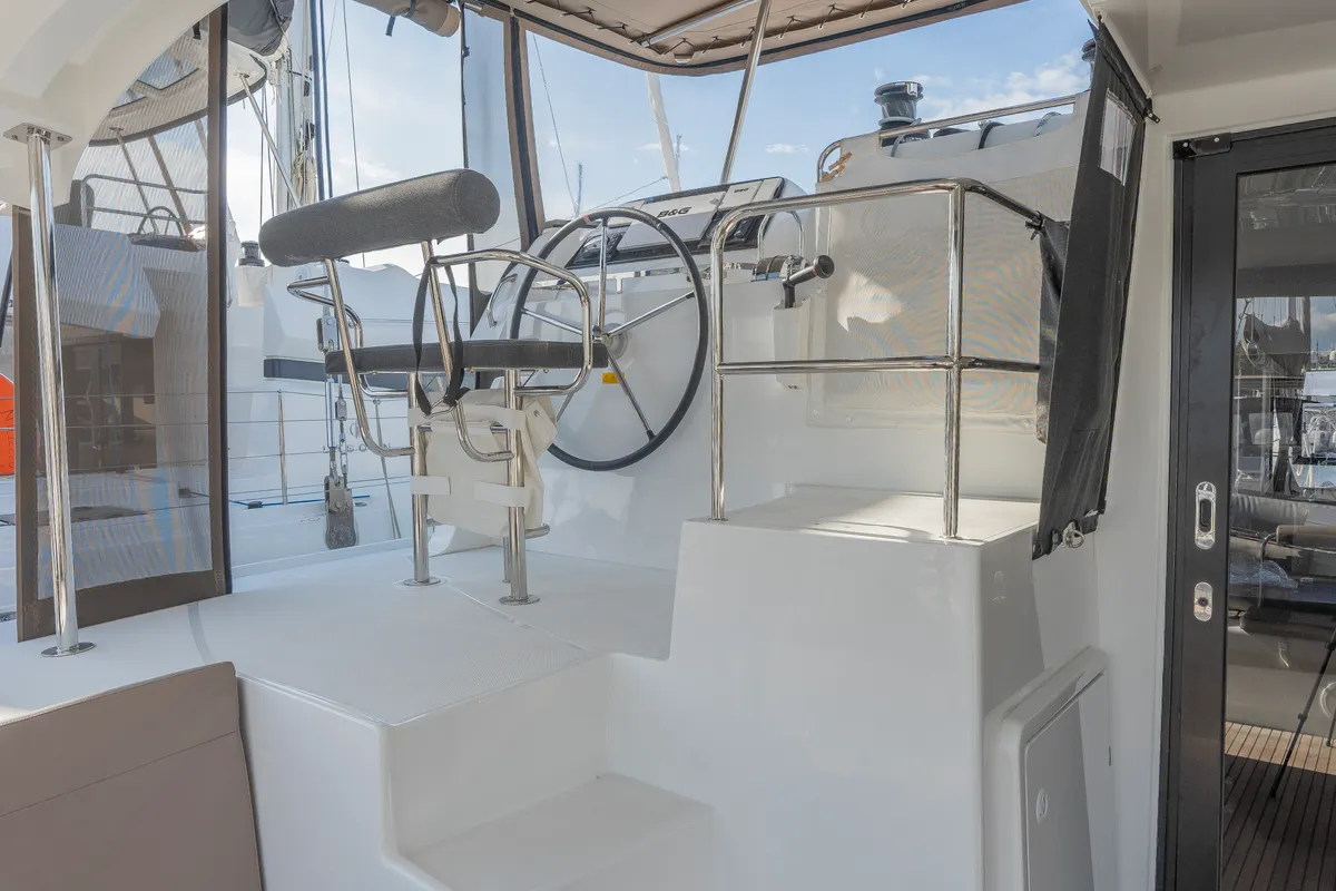 Head on Day One, a Lagoon 42 catamaran at Marpissa, Greece