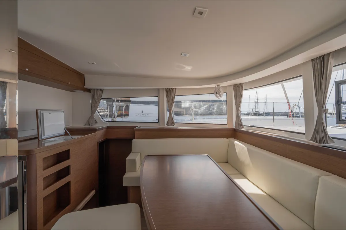 Salon of Day One, a Lagoon 42 catamaran at Marpissa, Greece