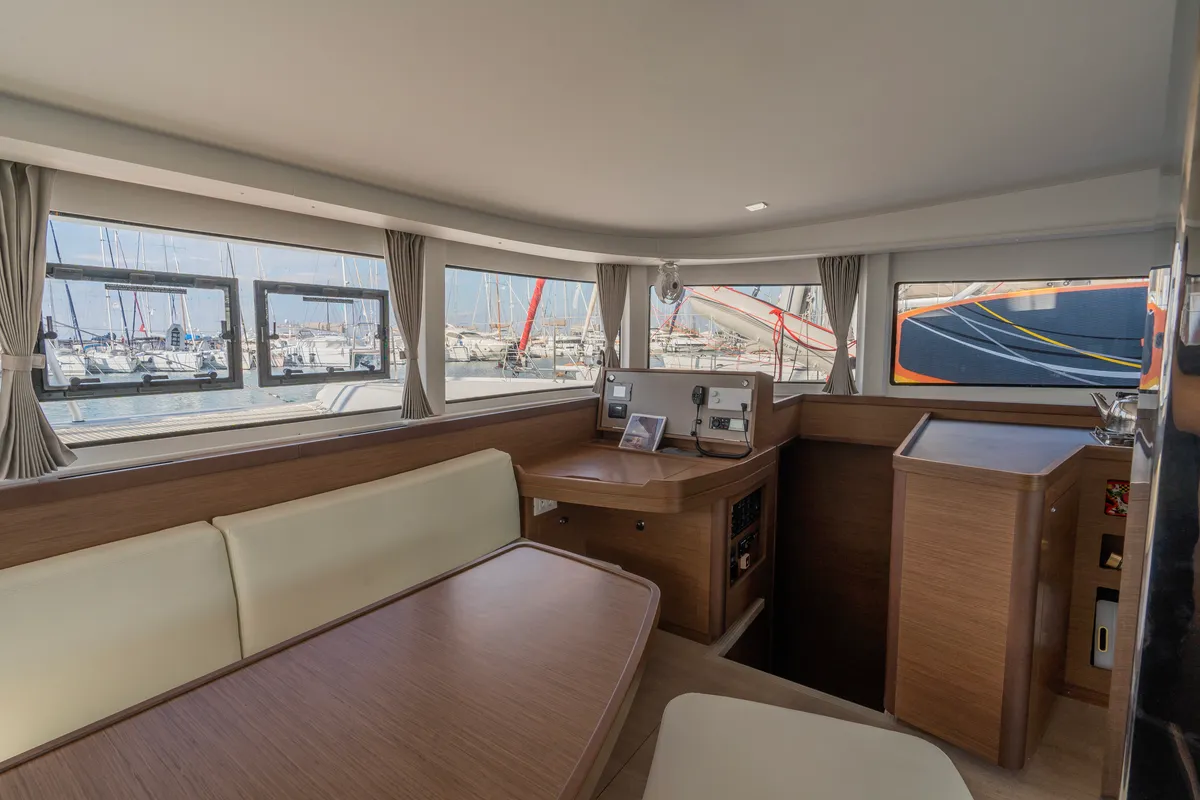Deck of Day One, a Lagoon 42 catamaran at Marpissa, Greece