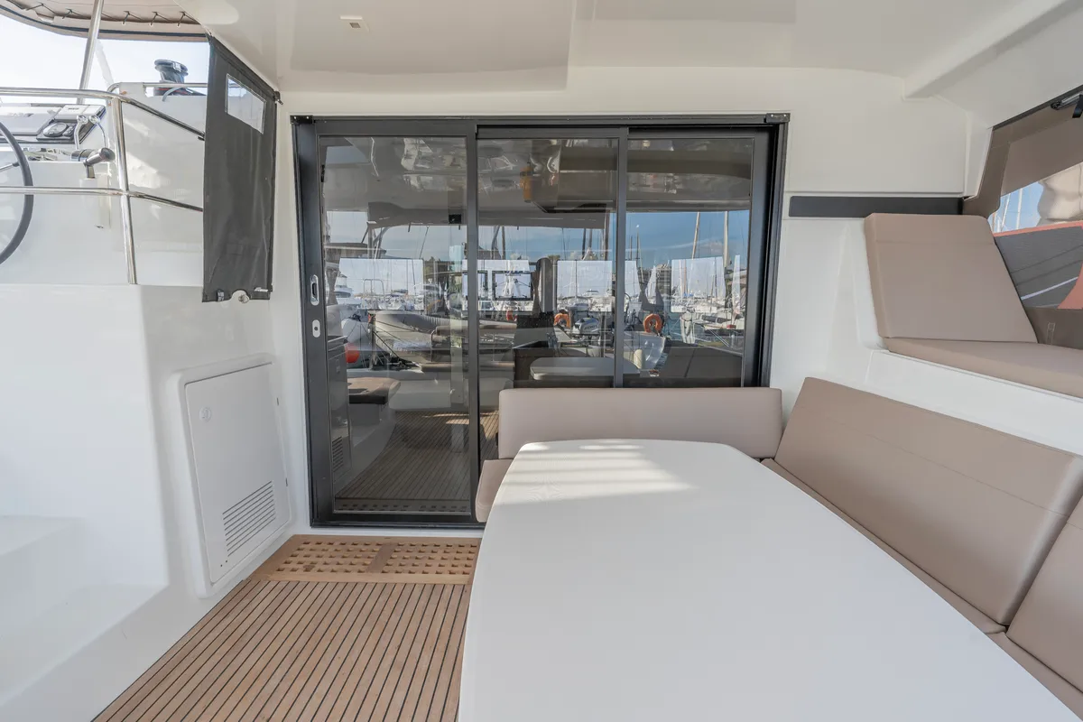 Deck of Day One, a Lagoon 42 catamaran at Marpissa, Greece