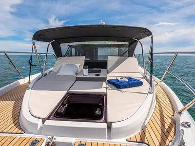 Deck of Beneteau 9, a Beneteau Flyer 9 motorboat at Punat, Croatia