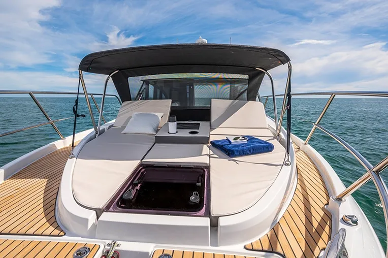 Deck of Beneteau 9, a Beneteau Flyer 9 motorboat at Punat, Croatia