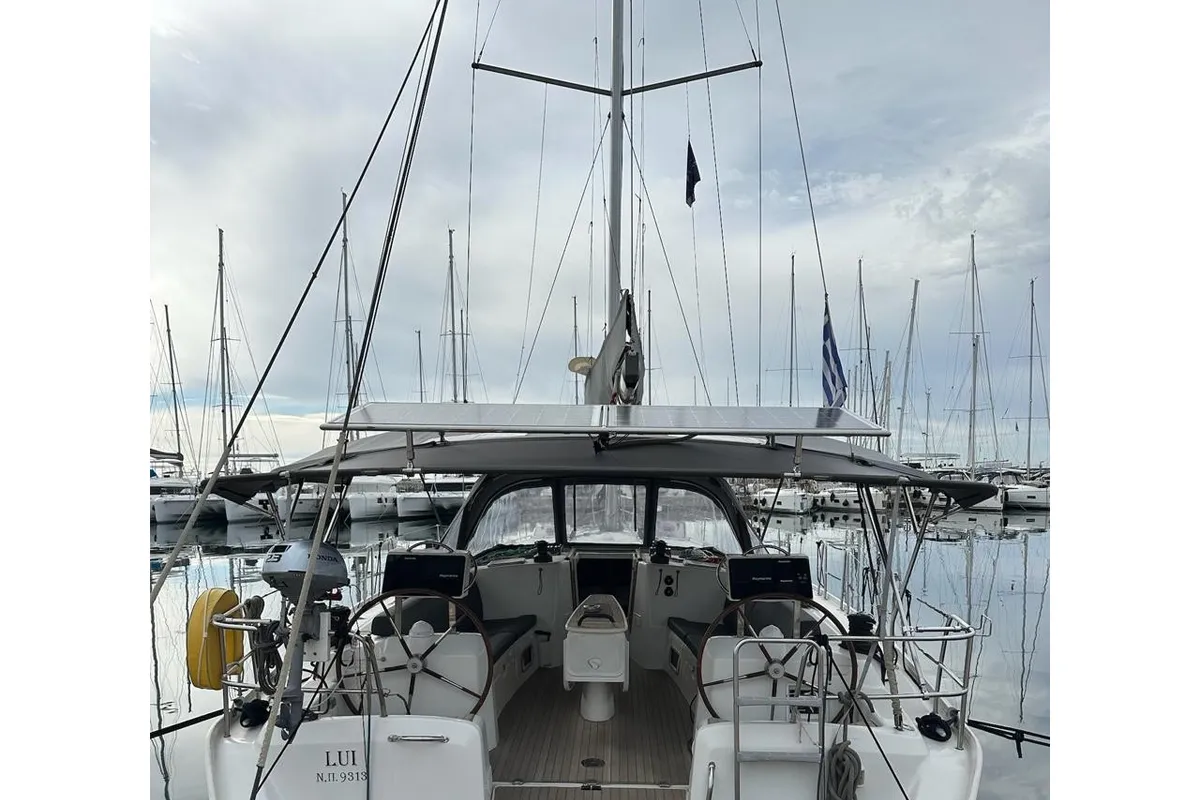 Exterior view of LUI, a Beneteau Cyclades 50.5 sailboat at Athens, Greece