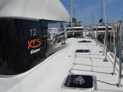 Deck of Aeolian Odyssey, a Excess 12 catamaran at Preveza, Greece