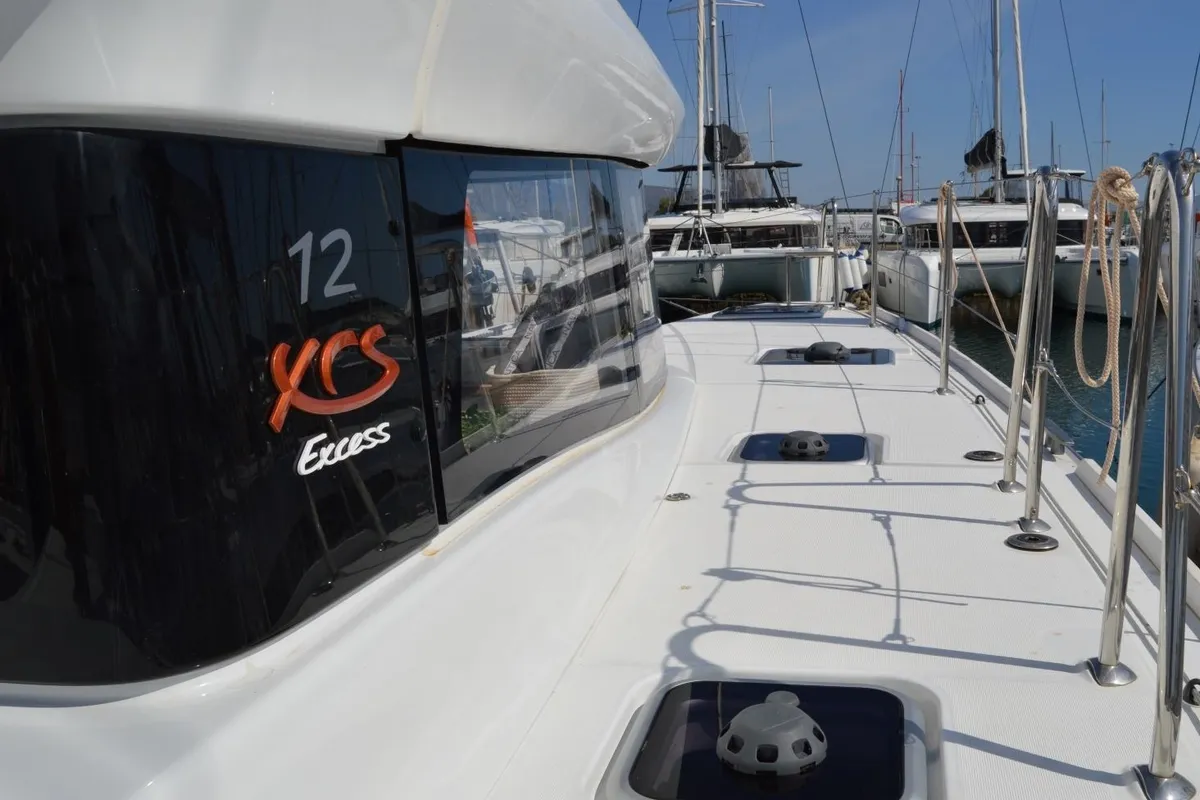 Deck of Aeolian Odyssey, a Excess 12 catamaran at Preveza, Greece