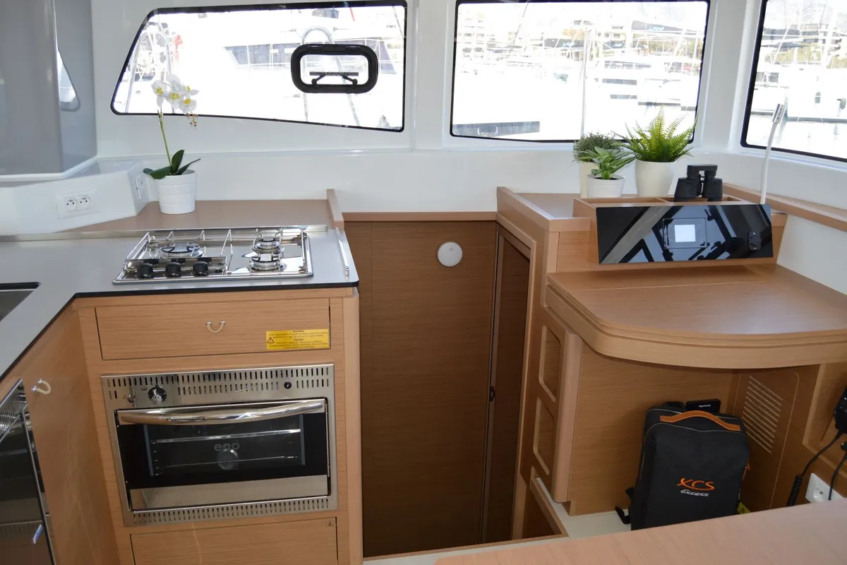 Galley of Aeolian Odyssey, a Excess 12 catamaran at Preveza, Greece