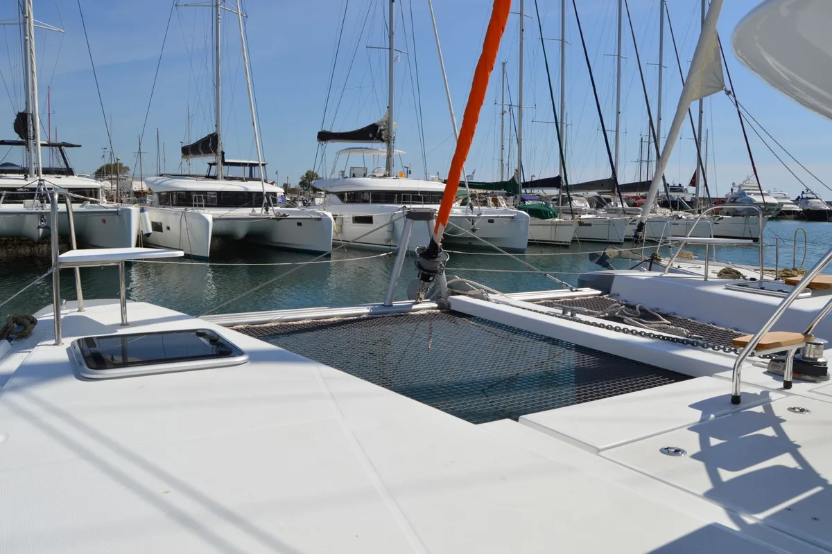 Deck of Aeolian Odyssey, a Excess 12 catamaran at Preveza, Greece