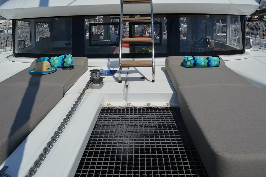 Deck of Aeolian Odyssey, a Excess 12 catamaran at Preveza, Greece