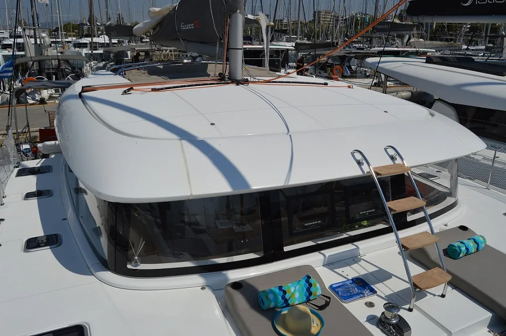 Deck of Aeolian Odyssey, a Excess 12 catamaran at Preveza, Greece