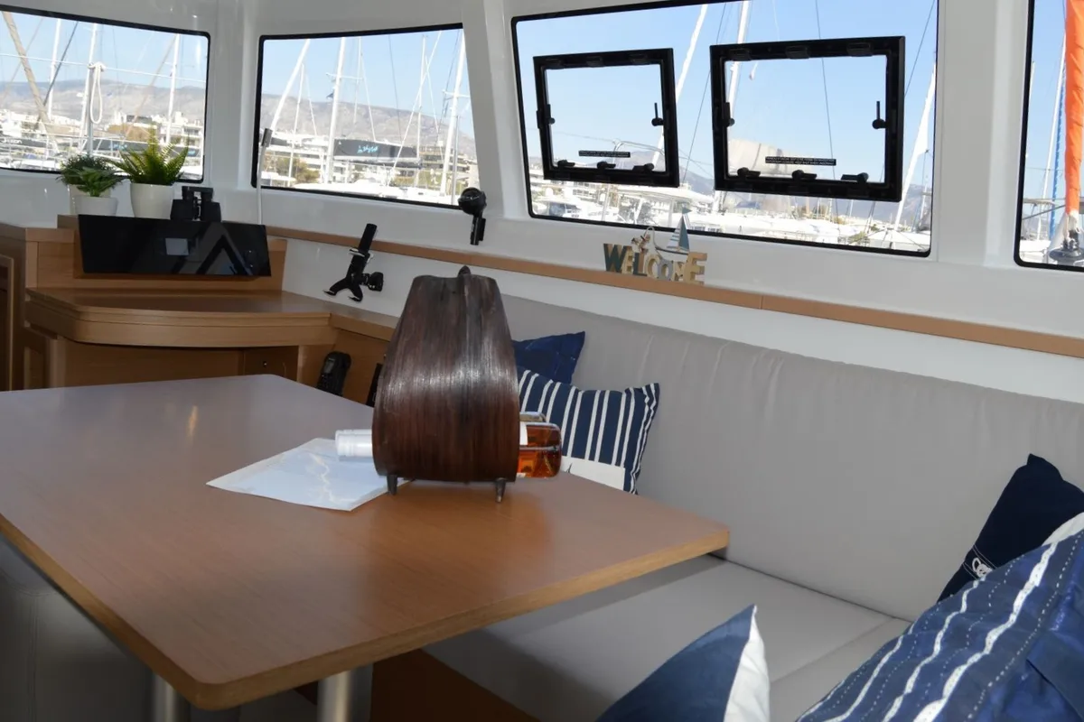 Salon of Aeolian Odyssey, a Excess 12 catamaran at Preveza, Greece