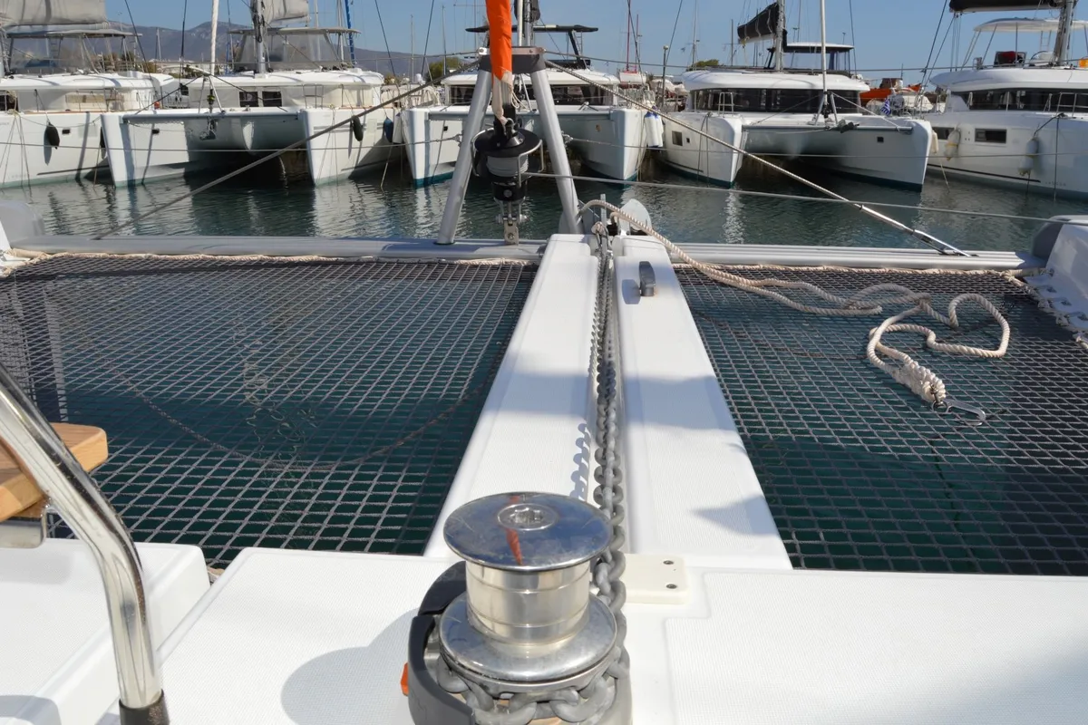 Deck of Aeolian Odyssey, a Excess 12 catamaran at Preveza, Greece