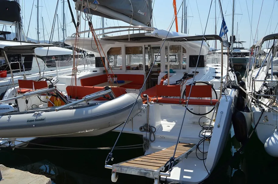 Deck of Aeolian Odyssey, a Excess 12 catamaran at Preveza, Greece