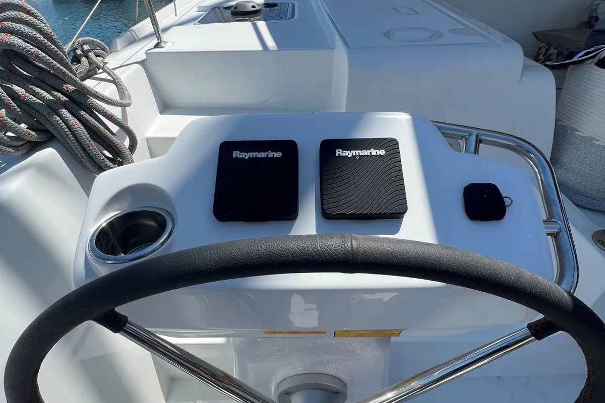 Cockpit of Aeolian Odyssey, a Excess 12 catamaran at Preveza, Greece