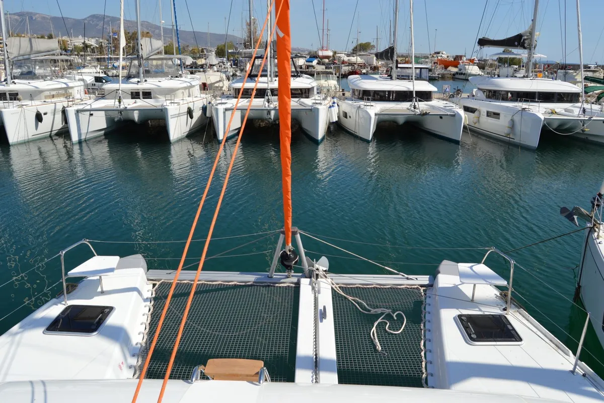 Deck of Aeolian Odyssey, a Excess 12 catamaran at Preveza, Greece