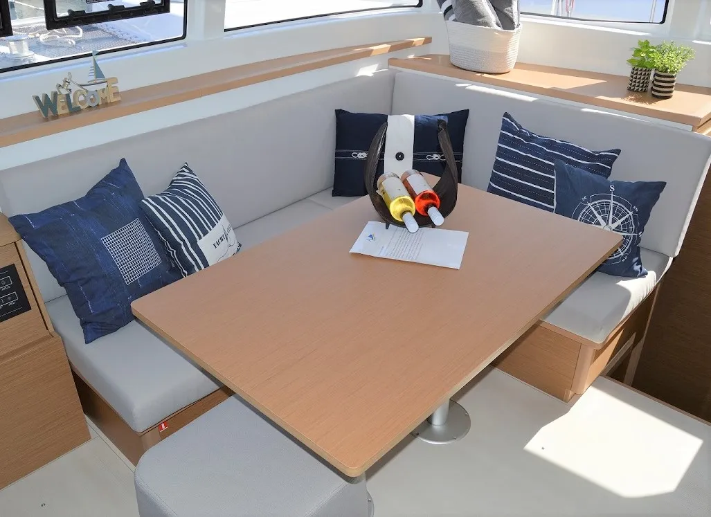 Salon of Aeolian Odyssey, a Excess 12 catamaran at Preveza, Greece
