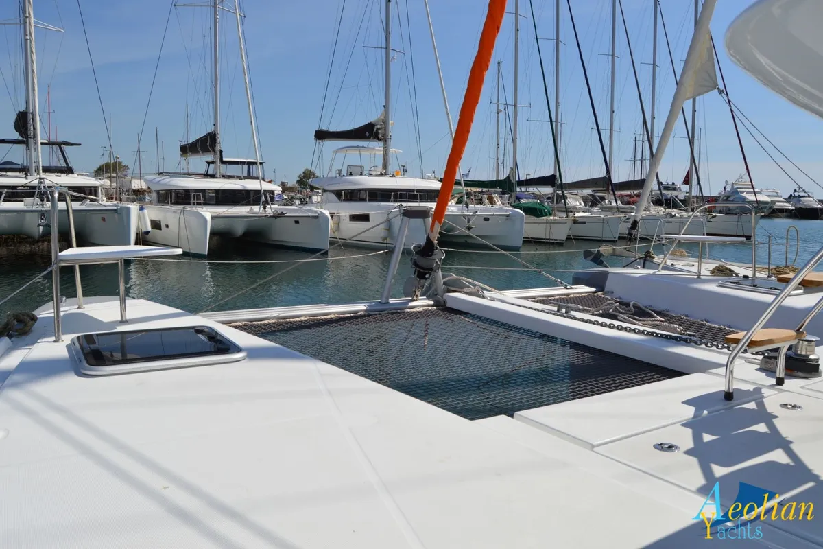 Deck of Aeolian Odyssey, a Excess 12 catamaran at Preveza, Greece