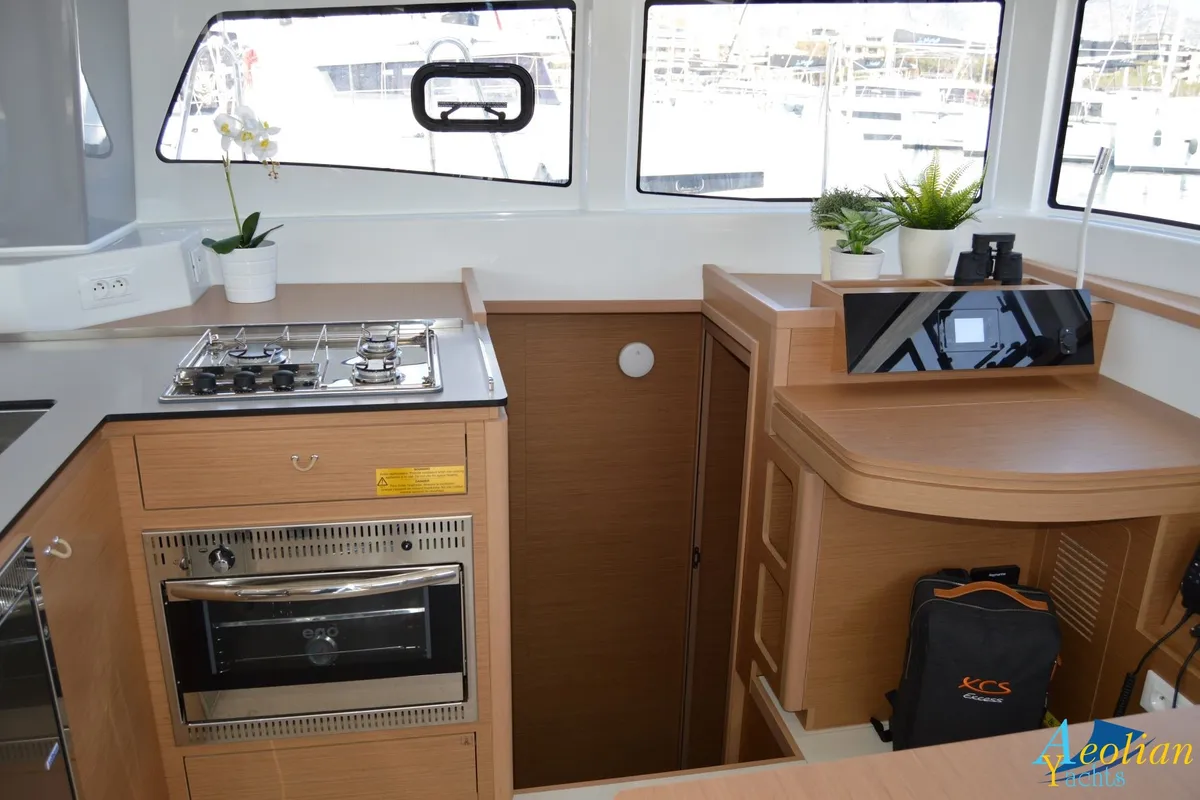 Salon of Aeolian Odyssey, a Excess 12 catamaran at Preveza, Greece